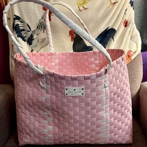 Kate Spade-Pink+White Basket Weave-Woven Tote Beach Bag/Shopping/Travel Large